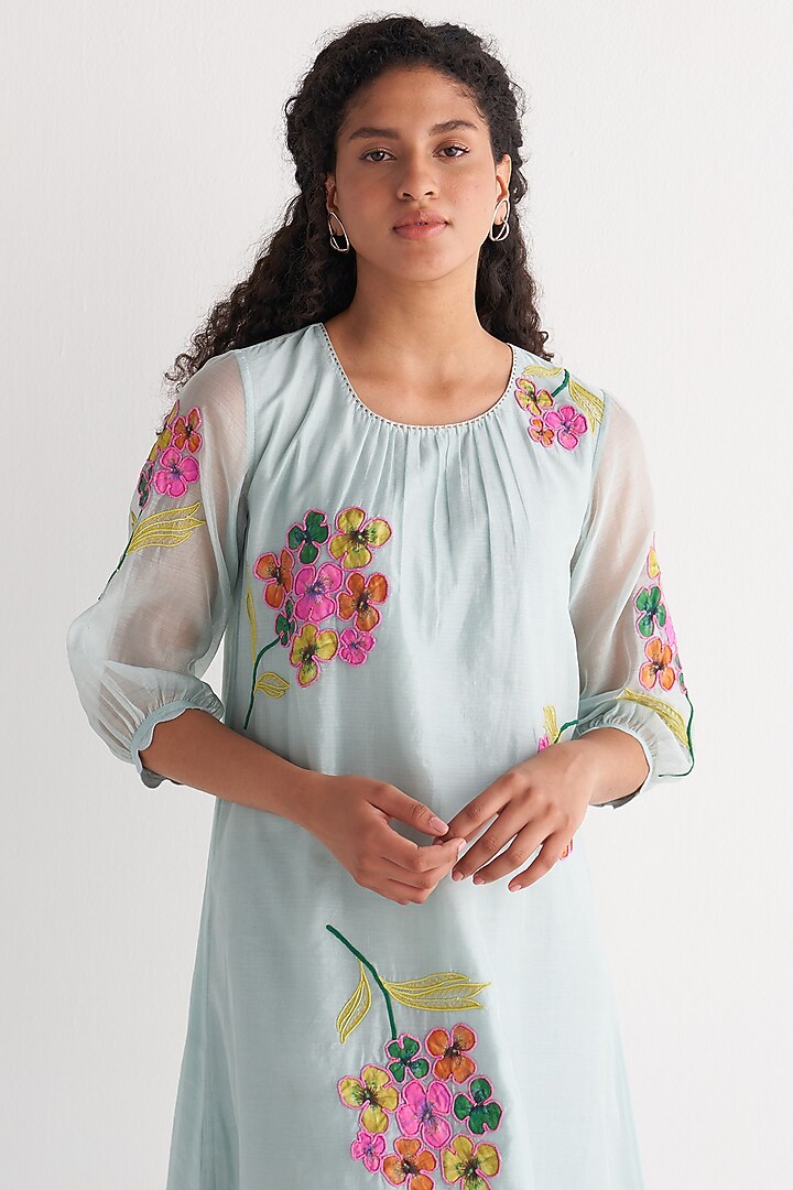Powder Blue Chanderi Embroidered Gathered Tunic Set by Shivani Bhargava at Pernia's Pop Up Shop
