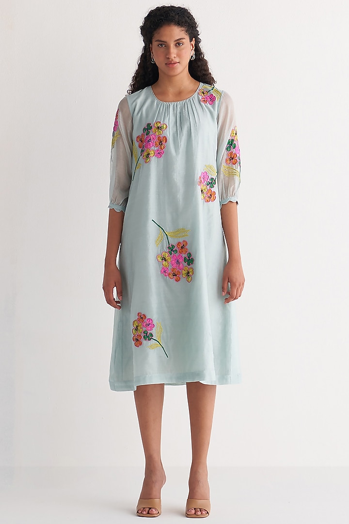 Powder Blue Chanderi Embroidered Gathered Summer Dress by Shivani Bhargava at Pernia's Pop Up Shop