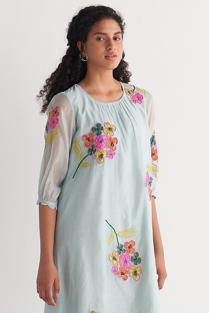 Powder Blue Chanderi Embroidered Gathered Summer Dress by Shivani Bhargava at Pernia's Pop Up Shop