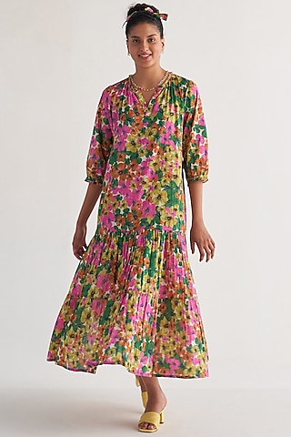 Multi-Colored Cotton Cambric Floral Printed Tiered Dress by Shivani Bhargava
