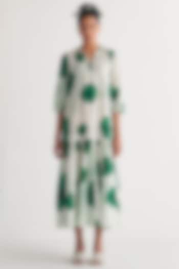 Green & White Pure Cotton Digital Printed Tiered Dress by Shivani Bhargava