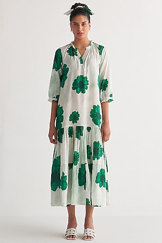 Green & White Pure Cotton Digital Printed Tiered Dress by Shivani Bhargava
