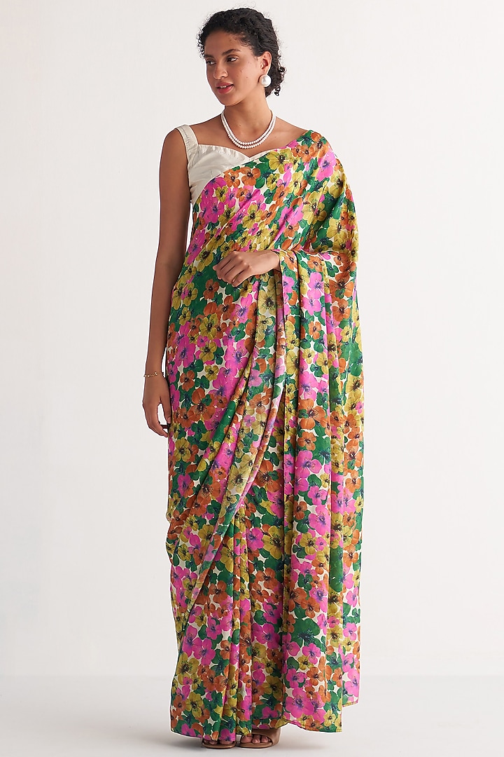 Multi-Colored Pure Silk Digital Printed Saree Set by Shivani Bhargava