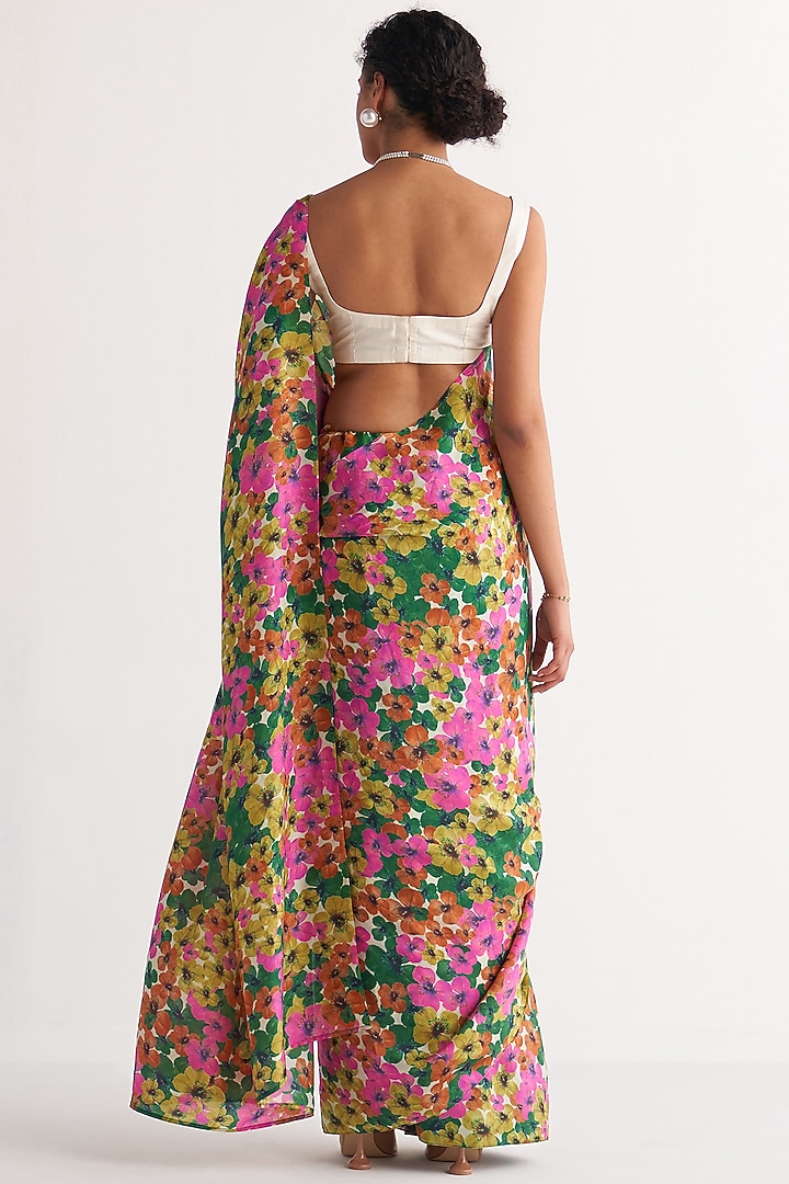 Multi-Colored Pure Silk Digital Printed Party Wear Saree Set by Shivani Bhargava at Pernia's Pop Up Shop