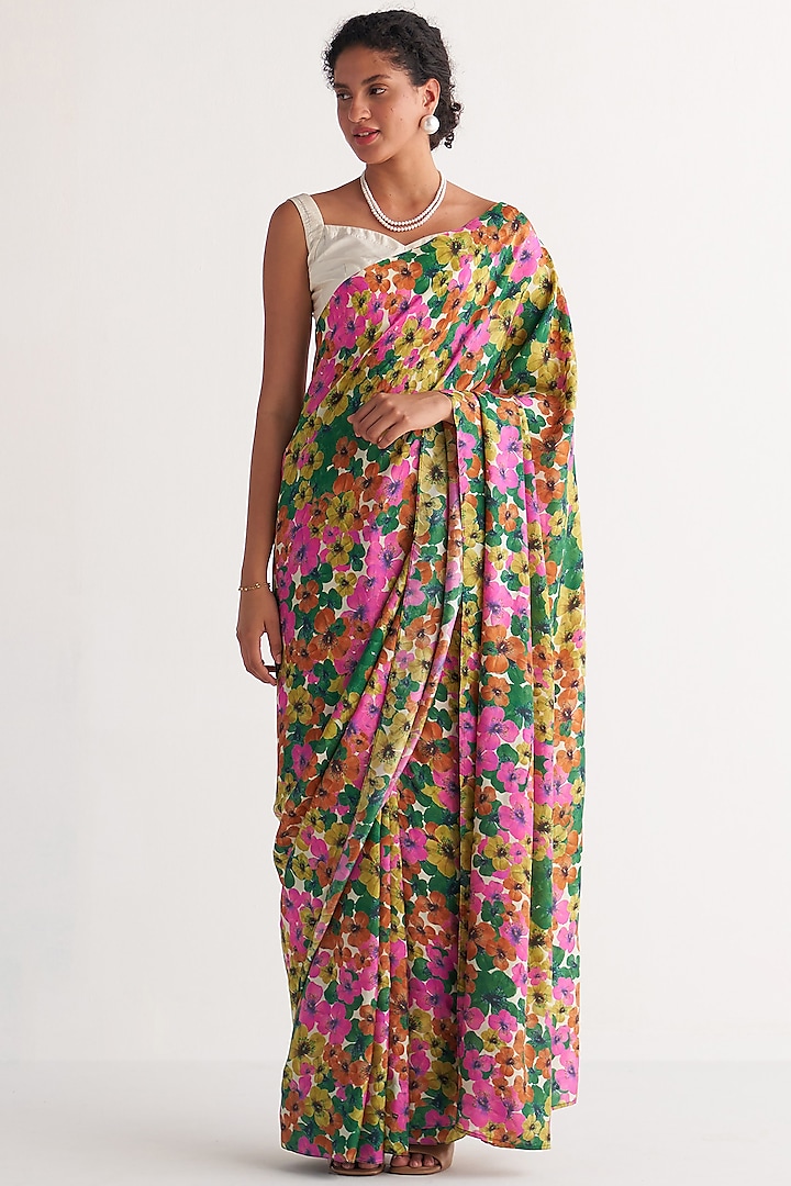 Multi-Colored Pure Silk Digital Printed Saree by Shivani Bhargava