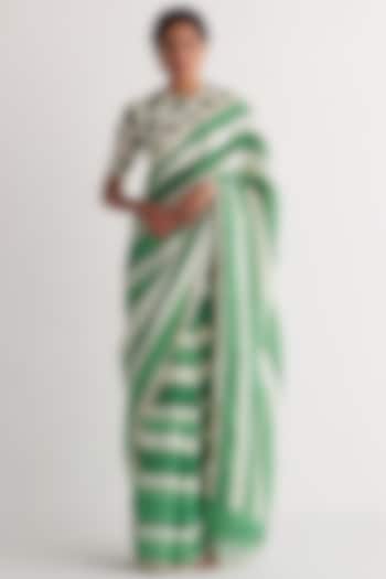 Green & White Cotton Linen Digital Printed Saree Set by Shivani Bhargava