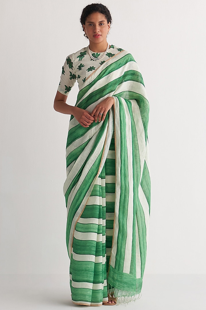 Green & White Cotton Linen Digital Printed Saree Set by Shivani Bhargava