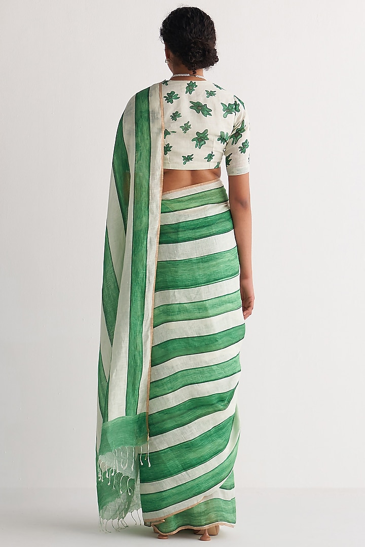 Green & White Cotton Linen Digital Printed Party Wear Saree Set by Shivani Bhargava at Pernia's Pop Up Shop
