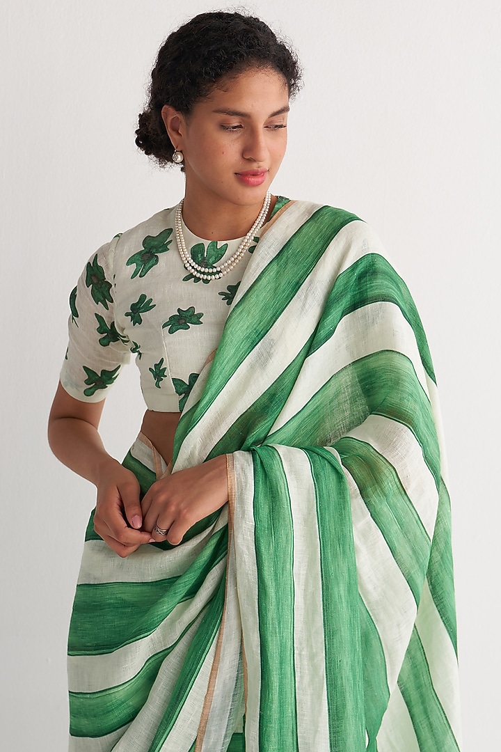 Green & White Cotton Linen Digital Printed Party Wear Saree Set by Shivani Bhargava at Pernia's Pop Up Shop