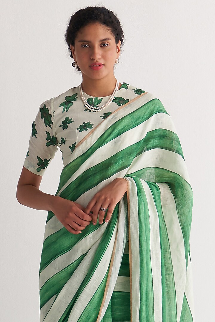 Green & White Cotton Linen Digital Printed Party Wear Saree by Shivani Bhargava at Pernia's Pop Up Shop