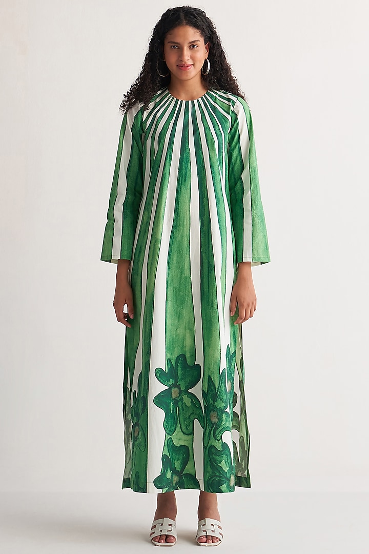 Green & White Giza Cotton Digital Printed Maxi Dress by Shivani Bhargava