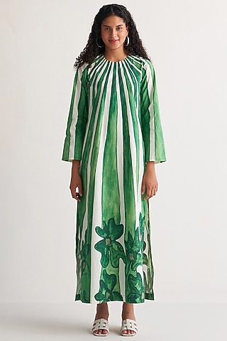 Green & White Giza Cotton Digital Printed Maxi Dress by Shivani Bhargava