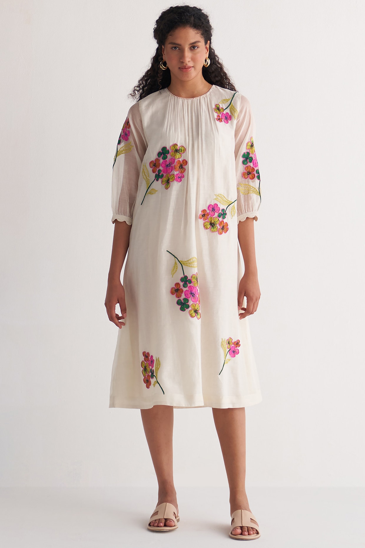 Ivory Chanderi Embroidered Gathered Summer Dress by Shivani Bhargava at  Pernia's Pop Up Shop