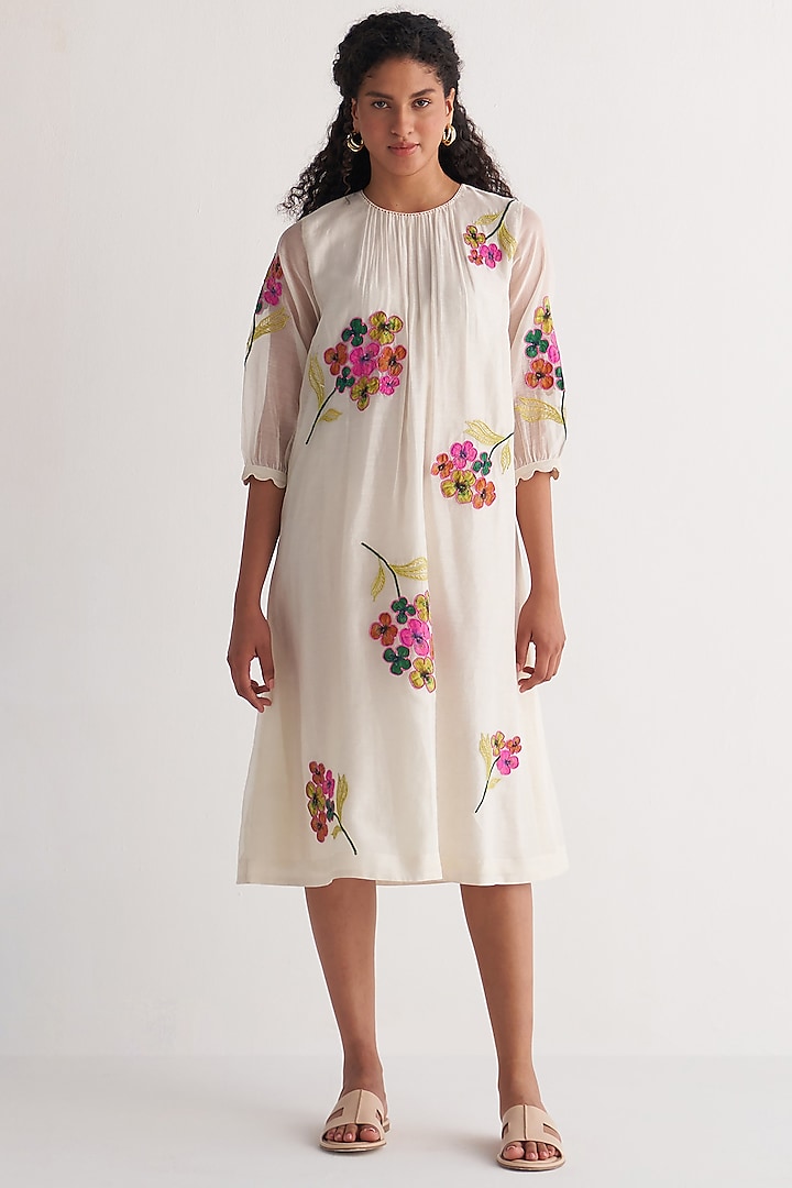 Ivory Chanderi Embroidered Gathered Summer Dress by Shivani Bhargava at Pernia's Pop Up Shop