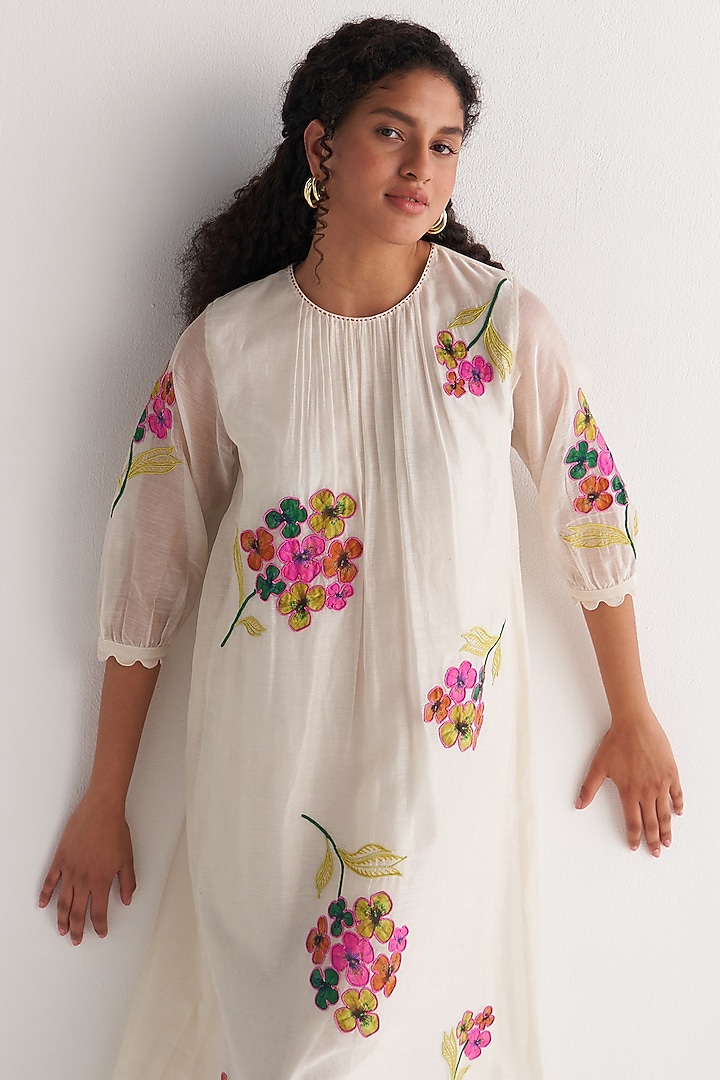 Ivory Chanderi Embroidered Gathered Summer Dress by Shivani Bhargava at Pernia's Pop Up Shop