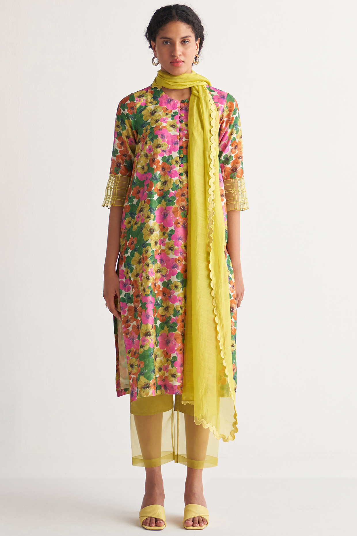Multi-Colored Chanderi Printed & Embroidered Kurta Set by Shivani Bhargava at Pernia's Pop Up Shop