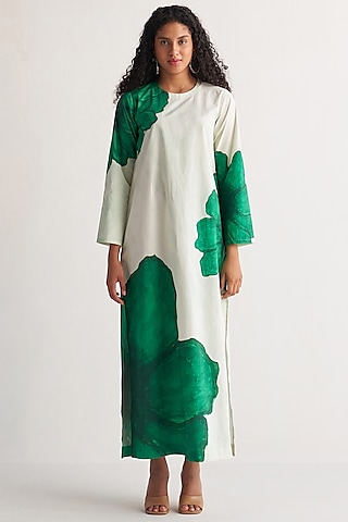 Green & White Giza Cotton Digital Printed Maxi Dress by Shivani Bhargava