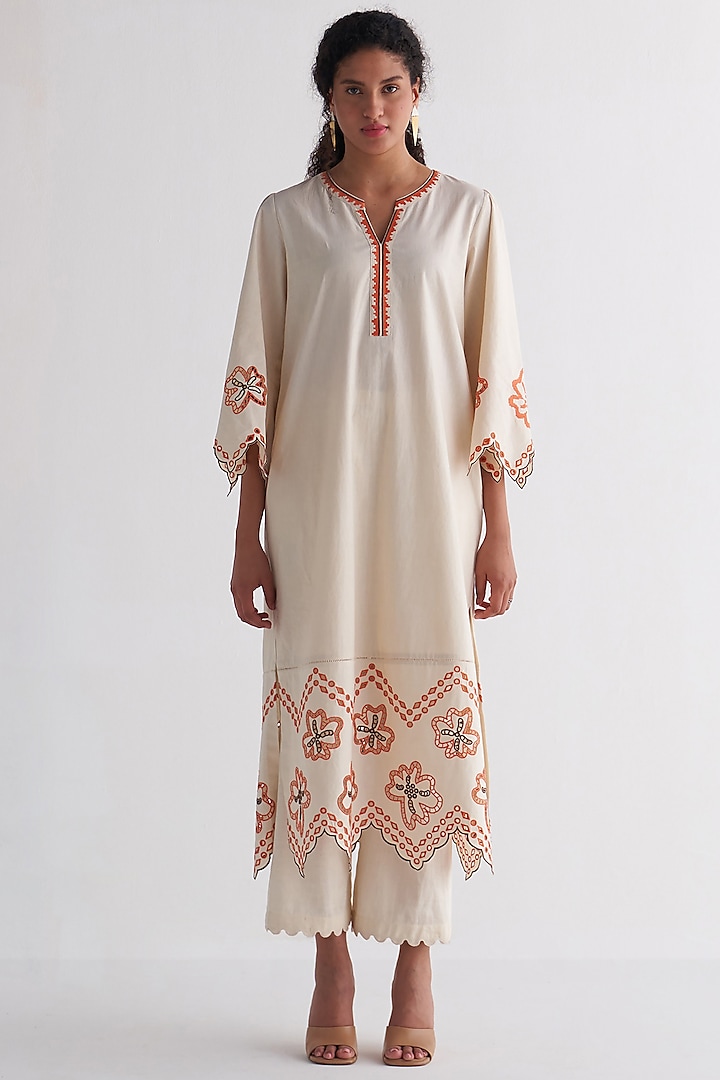 Ivory Pure Cotton Embroidered Tunic Set by Shivani Bhargava at Pernia's Pop Up Shop