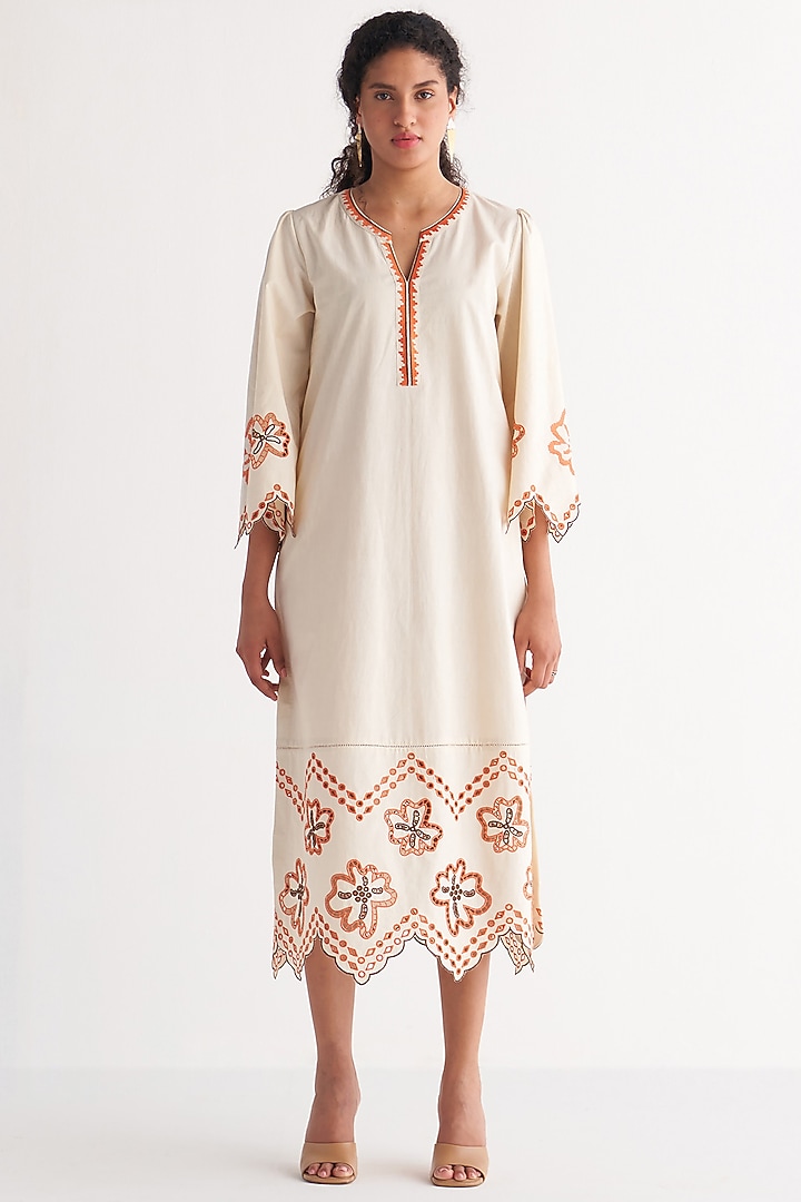 Ivory Pure Cotton Embroidered Summer Dress by Shivani Bhargava at Pernia's Pop Up Shop