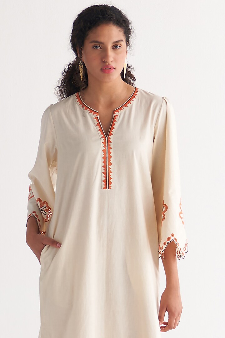 Ivory Pure Cotton Embroidered Summer Dress by Shivani Bhargava at Pernia's Pop Up Shop