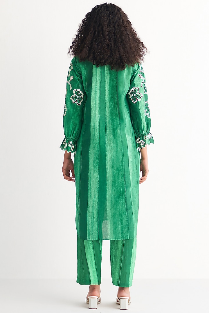 Green Cotton Linen Printed & Embroidered Tunic Set by Shivani Bhargava at Pernia's Pop Up Shop