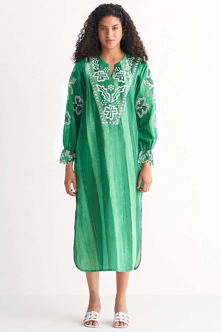 Green Cotton Linen Printed & Embroidered Dress by Shivani Bhargava