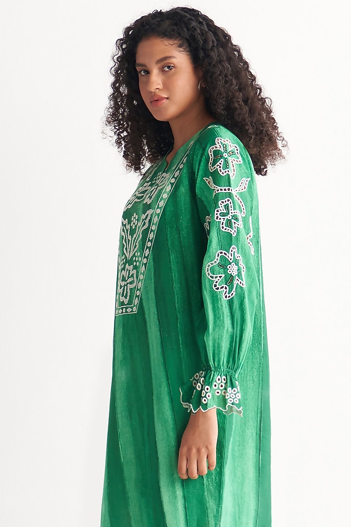 Green Cotton Linen Printed & Embroidered Summer Dress by Shivani Bhargava at Pernia's Pop Up Shop