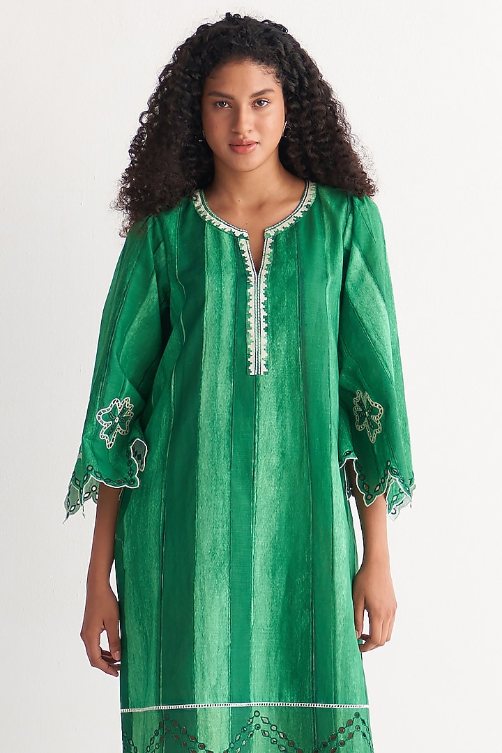 Green Cotton Linen Printed & Embroidered Summer Dress by Shivani Bhargava at Pernia's Pop Up Shop