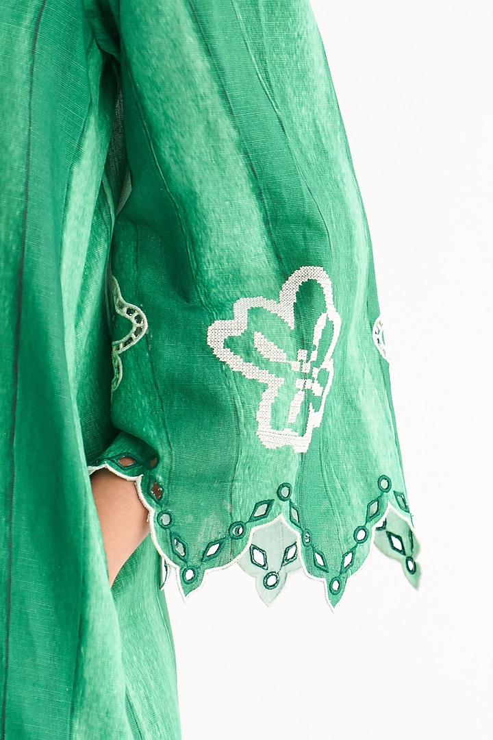 Green Cotton Linen Printed & Embroidered Summer Dress by Shivani Bhargava at Pernia's Pop Up Shop