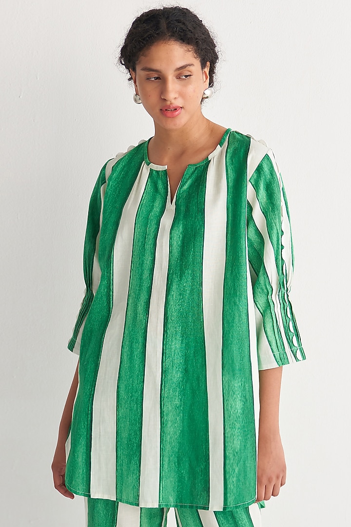 Green & White Cotton Linen Printed Tunic by Shivani Bhargava at Pernia's Pop Up Shop