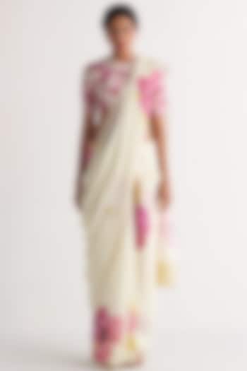 Ivory & Pink Handwoven Cotton Linen Printed Saree Set by Shivani Bhargava