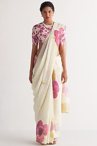 Ivory & Pink Handwoven Cotton Linen Printed Saree Set by Shivani Bhargava