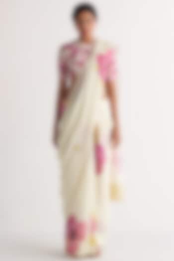 Ivory & Pink Handwoven Cotton Linen Printed Saree by Shivani Bhargava