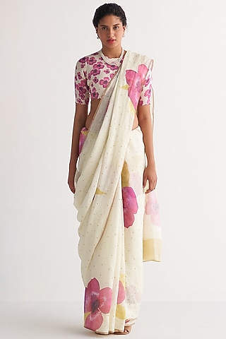 Ivory & Pink Handwoven Cotton Linen Printed Saree by Shivani Bhargava