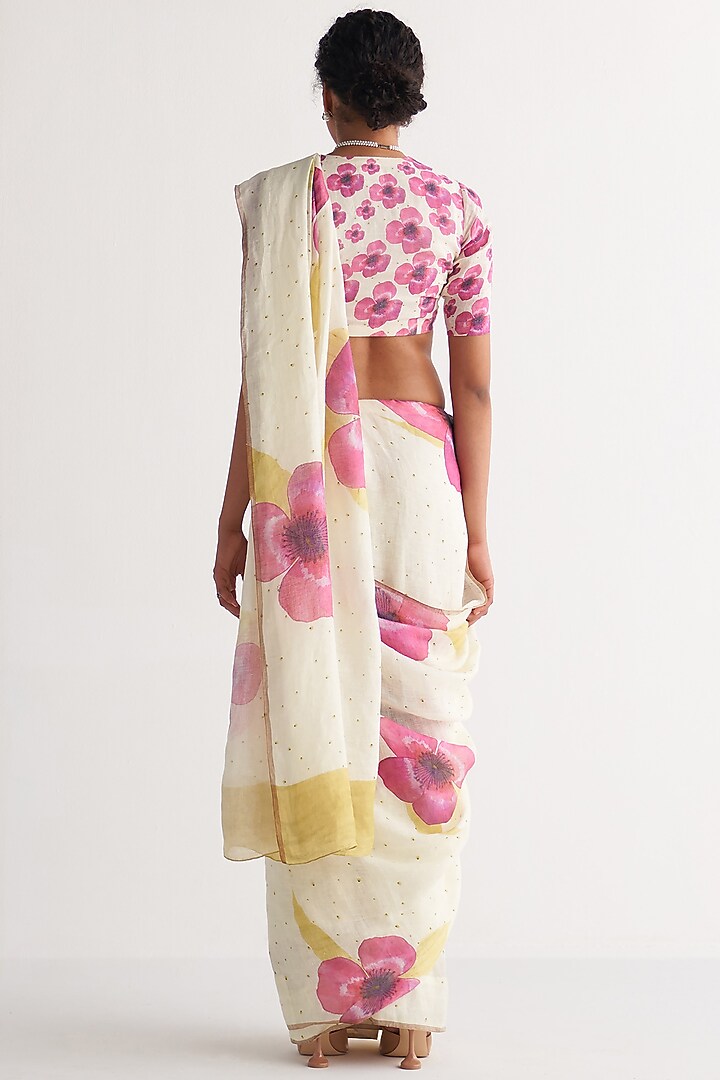 Ivory & Pink Handwoven Cotton Linen Printed Party Wear Saree by Shivani Bhargava at Pernia's Pop Up Shop