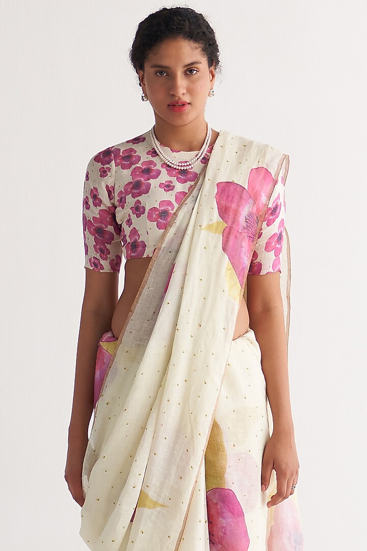 Ivory & Pink Handwoven Cotton Linen Printed Party Wear Saree by Shivani Bhargava at Pernia's Pop Up Shop