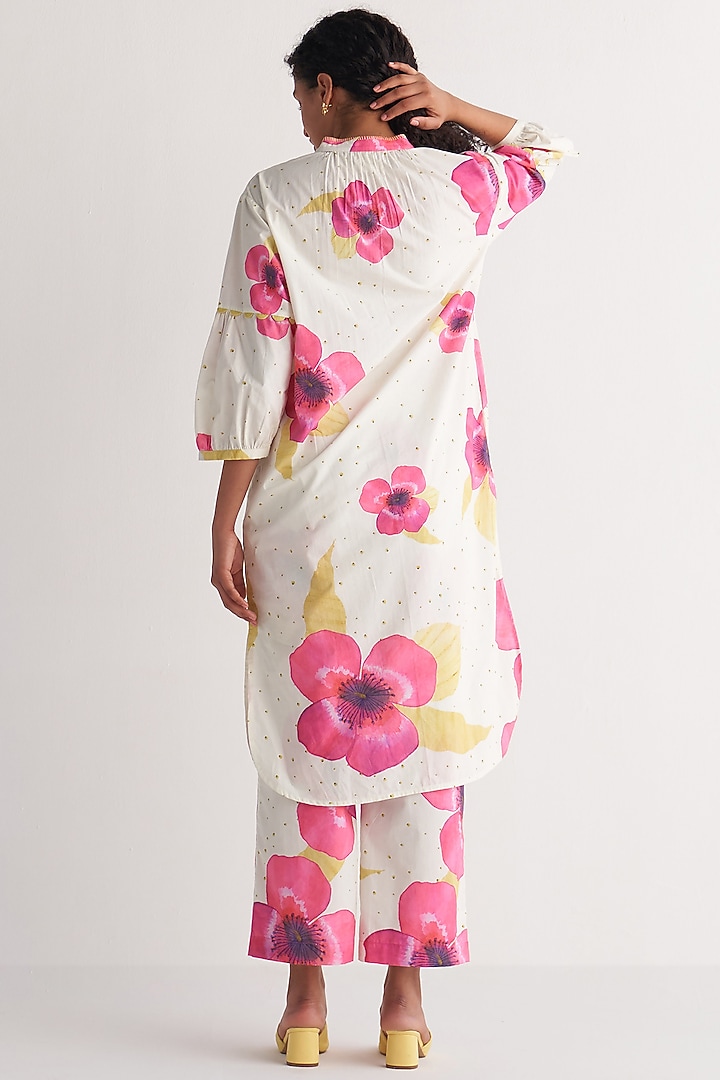 Ivory & Pink Cotton Cambric Printed Tunic Set by Shivani Bhargava at Pernia's Pop Up Shop