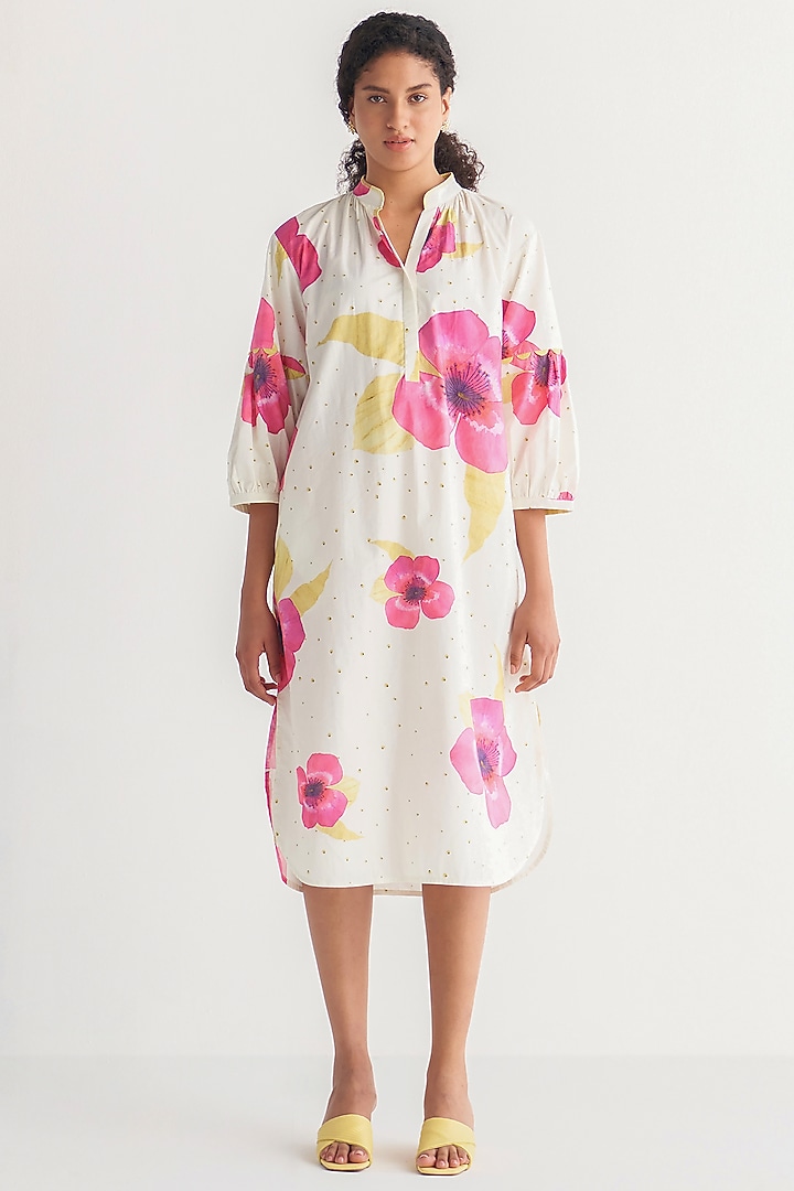 Ivory & Pink Pure Cotton Printed Summer Dress by Shivani Bhargava at Pernia's Pop Up Shop