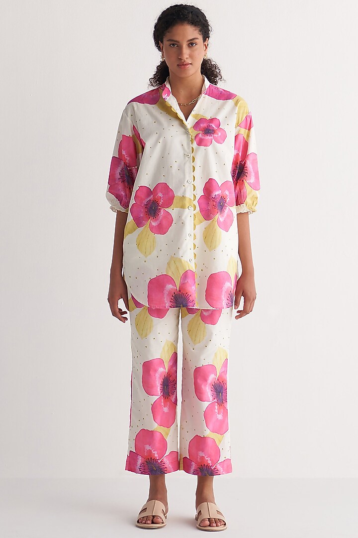 Ivory & Pink Pure Cotton Printed Shirt by Shivani Bhargava at Pernia's Pop Up Shop