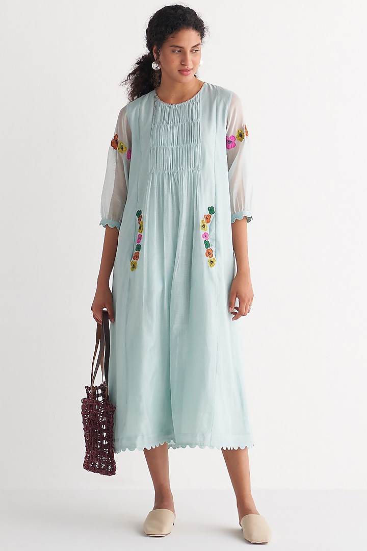 Powder Blue Chanderi Embroidered Summer Dress by Shivani Bhargava at Pernia's Pop Up Shop