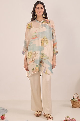 Ivory Silk Organza Printed Kurta Set by Shivani Bhargava