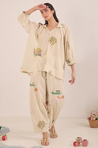 Cream Cotton Printed Co-Ord Set by Shivani Bhargava