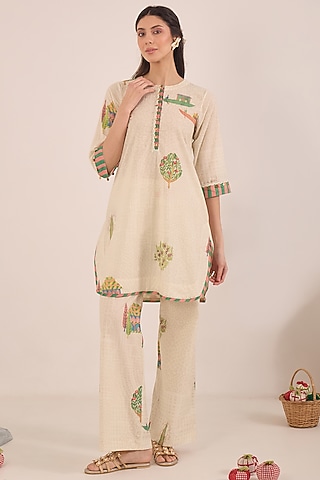 Cream Cotton Printed Co-Ord Set by Shivani Bhargava
