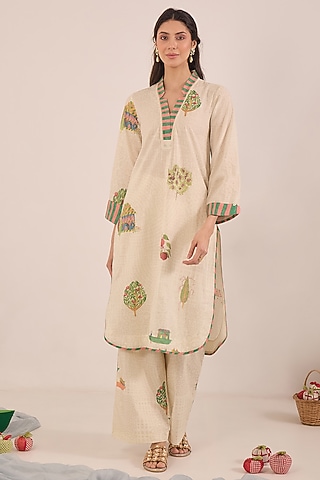 Cream Cotton Printed Straight Kurta Set by Shivani Bhargava