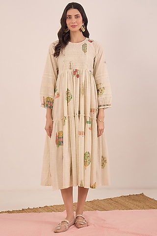 Cream Cotton Floral Printed Midi Dress by Shivani Bhargava
