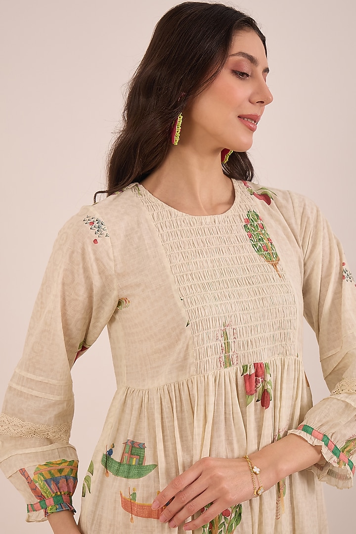 Cream Cotton Floral Printed Midi Summer Dress by Shivani Bhargava at Pernia's Pop Up Shop