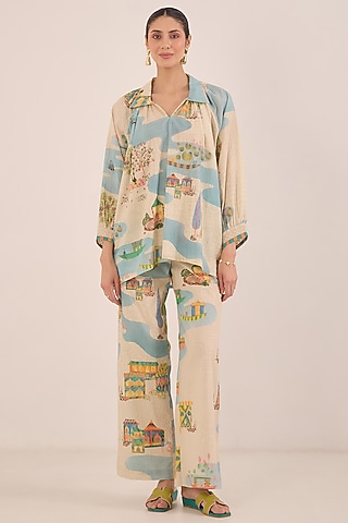 Cream Cotton Printed Co-Ord Set by Shivani Bhargava