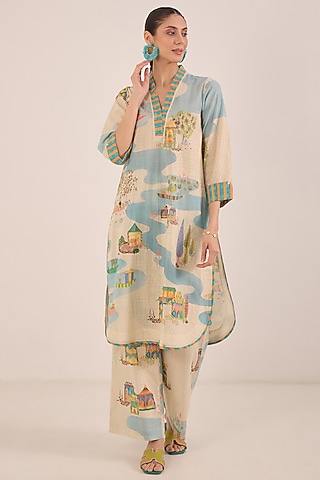 Cream Cotton Printed Straight Kurta Set by Shivani Bhargava