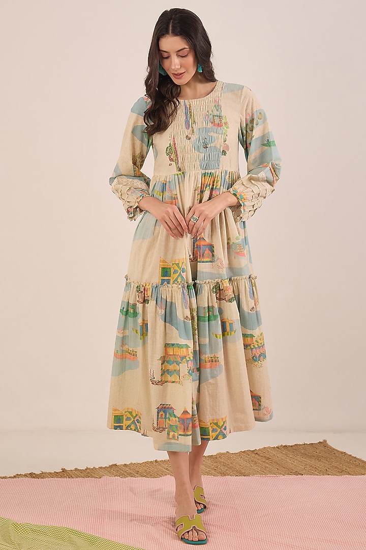 Cream Cotton Printed Midi Summer Dress by Shivani Bhargava at Pernia's Pop Up Shop