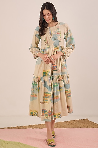 Cream Cotton Printed Midi Dress by Shivani Bhargava